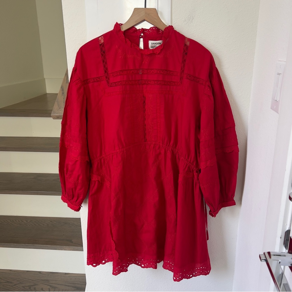 NWOT Damson Madder Clancy Embroidered Long-Sleeve Mini Dress in Red - Picture 3 of 13
